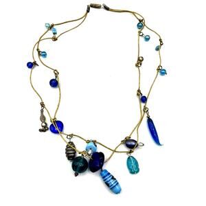 Vintage Blue Art Glass Dangle Beads Beaded Multi Strand Cord Necklace 20"